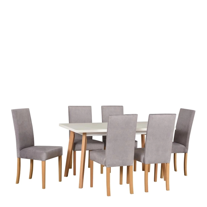 Rozkładany stół z drewnianymi krzesłami tapicerowanymi GROTTO