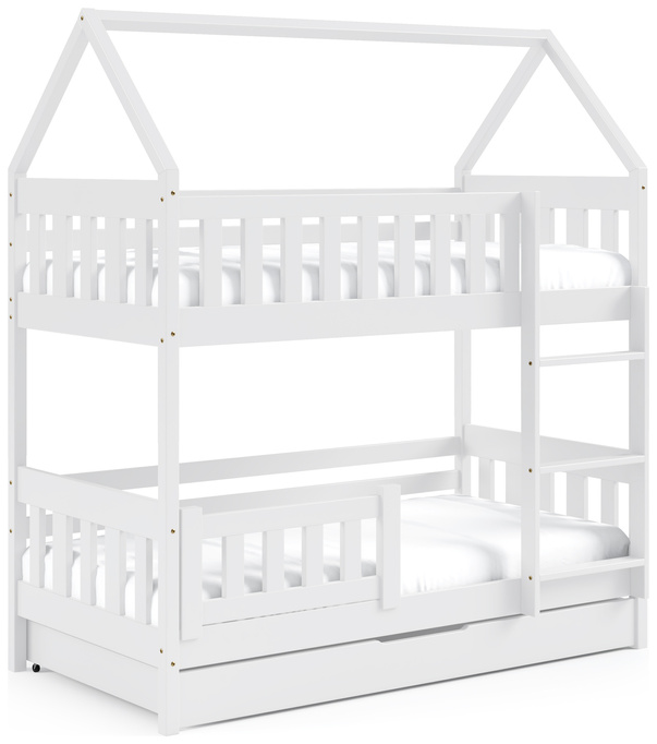 Białe dwupoziomowe łóżko do pokoju dziecięcego z barierką 80x190 cm MELANIA
