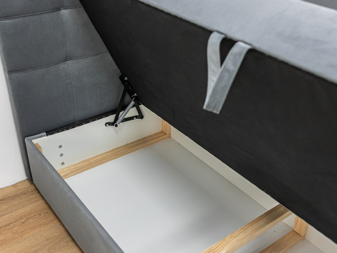 Szare łóżko kontynentalne 140x200 cm DETROIT pojemnik na pościel