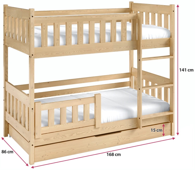 Białe łóżko piętrowe do pokoju dziecięcego z barierką i pojemnikiem 80x160 cm LUMISLE