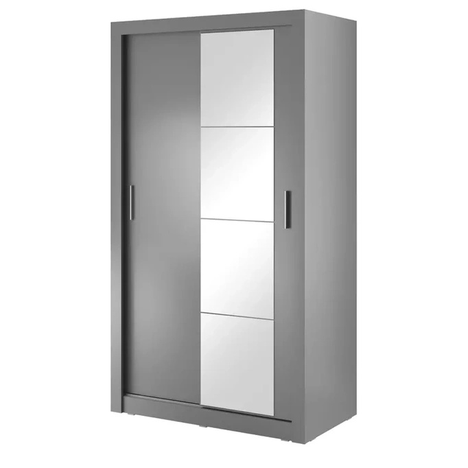 Szara szafa z półkami 120 cm drzwi przesuwne lustro ARTI